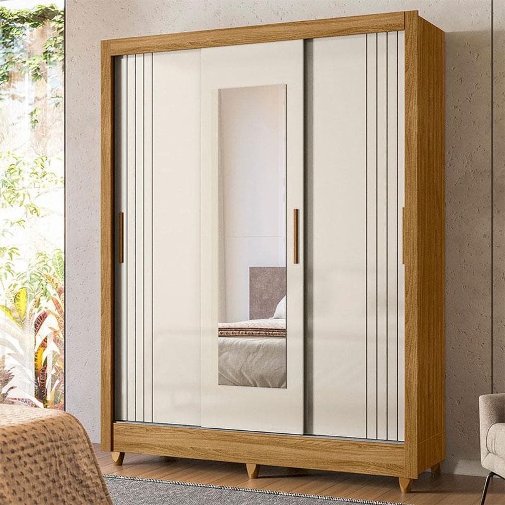 Guarda Roupa Casal Ambiente Bolívia 3 Portas Freijó Off White com Espelho - Moval