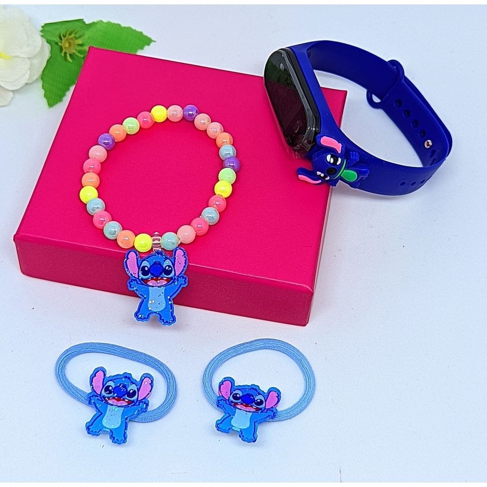 Relógio Infantil Digital Led Silicone Disney Lilo Angel e Stitch 3D + Kit Acessórios de Cabelo Xuxinhas Pulseira Miçanga