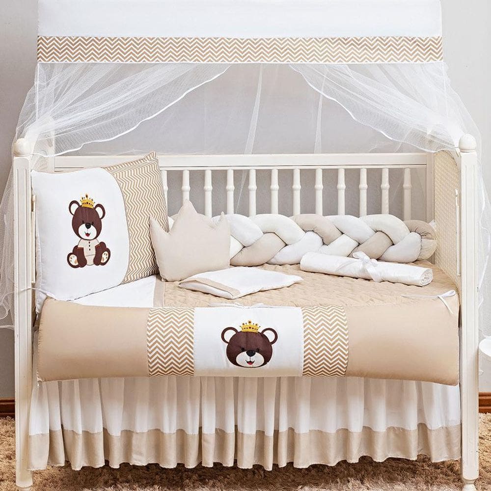 Kit Berço Unisex Urso Rei 14 Peças Bege Com Capa Impermeável