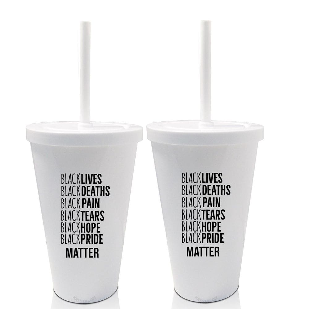 Kit 2 Copos Com Tampa E Canudo Branco Lista Black Lives