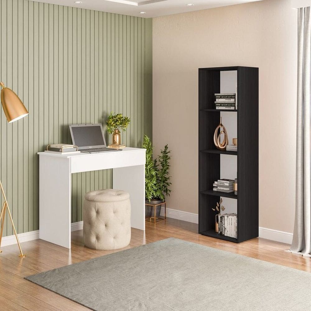 Conjunto com 1 Mesa Escrivaninha 1 Gaveta Sevilha e 1 Estante Livreiro Modular 4 Nichos Calum Branco/Preto