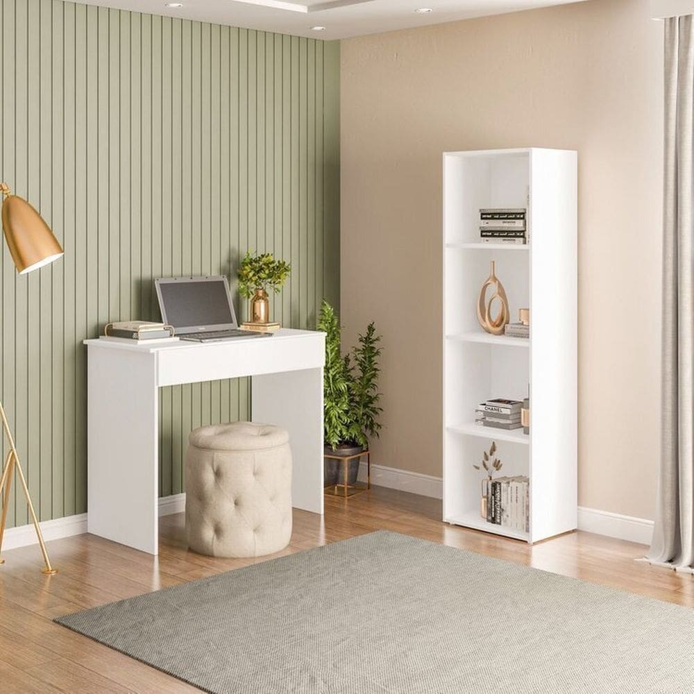 Conjunto com 1 Mesa Escrivaninha 1 Gaveta Sevilha e 1 Estante Livreiro Modular 4 Nichos Calum Branco