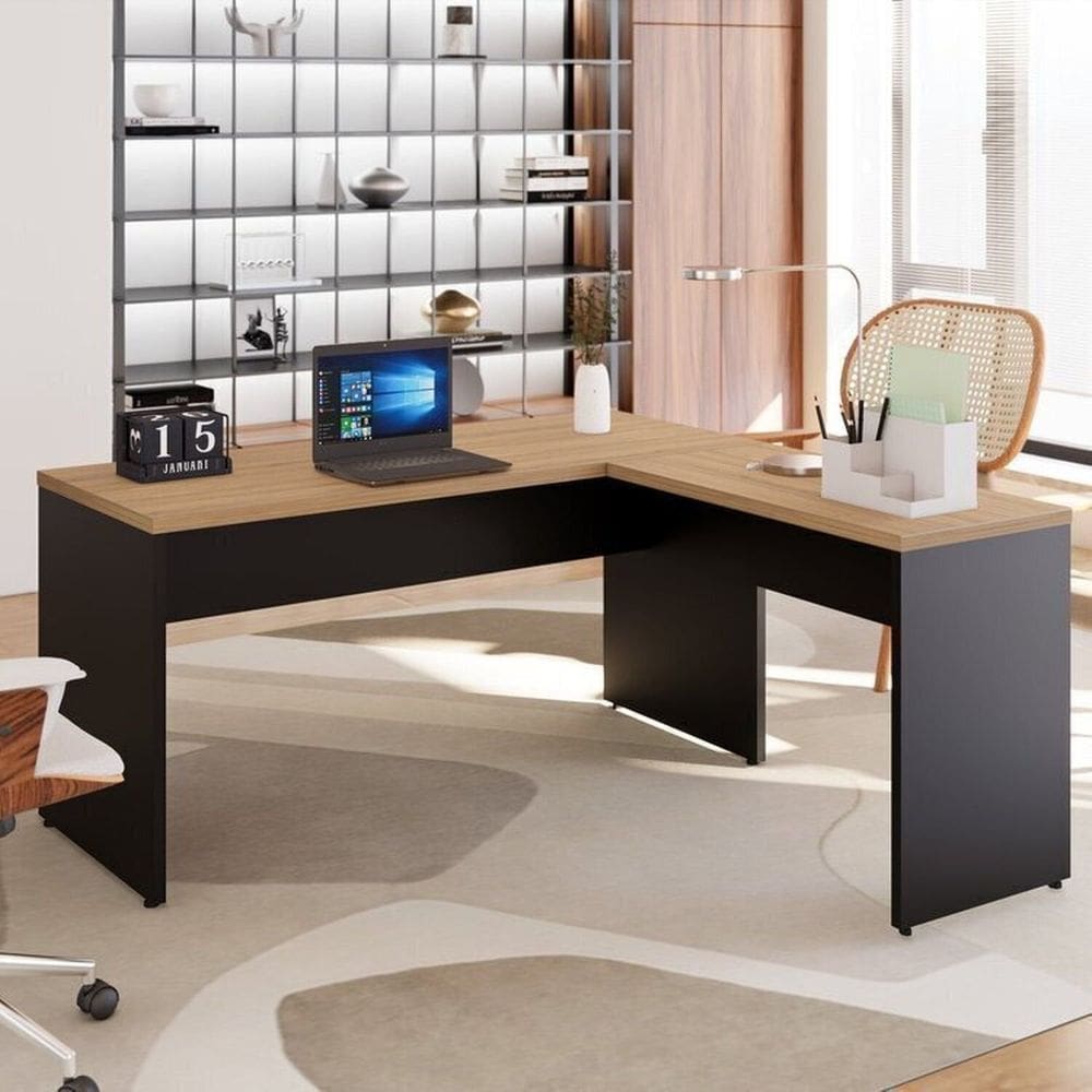 Mesa para Escritório Diretor em L 150x150cm Marrom/Preto