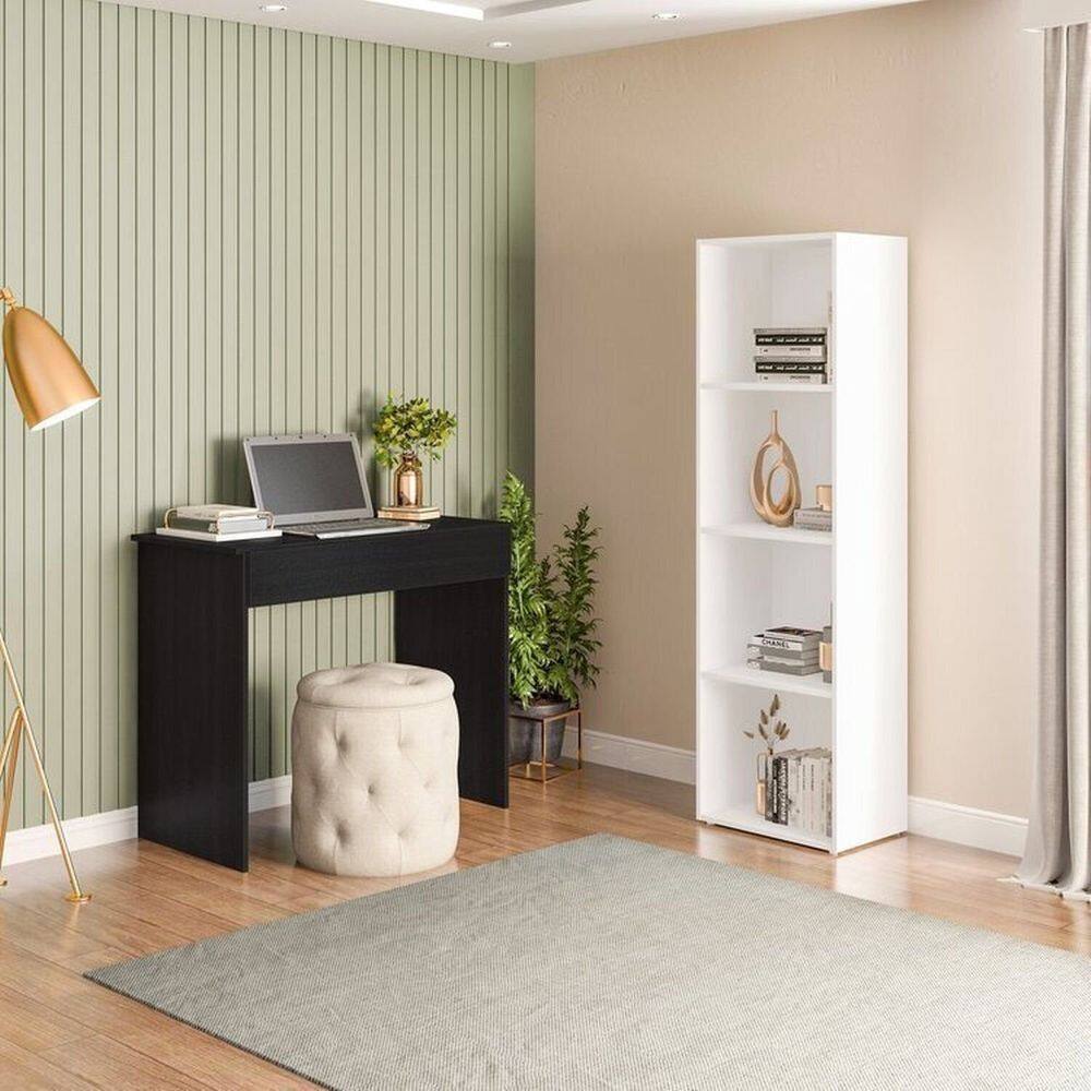 Conjunto com 1 Mesa Escrivaninha 1 Gaveta Sevilha e 1 Estante Livreiro Modular 4 Nichos Calum Preto/Branco