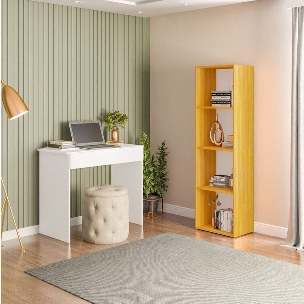 Conjunto com 1 Mesa Escrivaninha 1 Gaveta Sevilha e 1 Estante Livreiro Modular 4 Nichos Calum Branco/Freijó