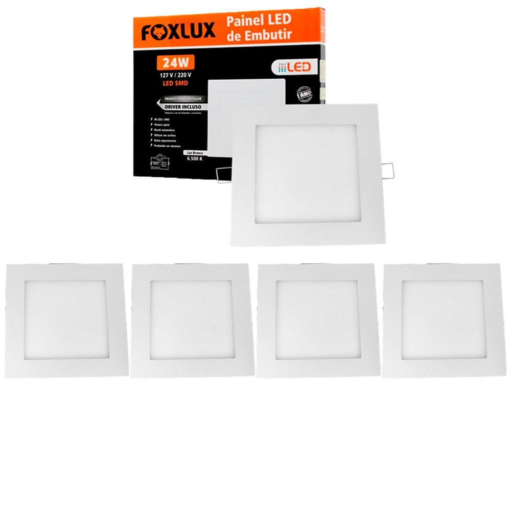 Kit 5 Painel Led Quadrado Sobrepor 24W 3000K Bivolt Foxlux
