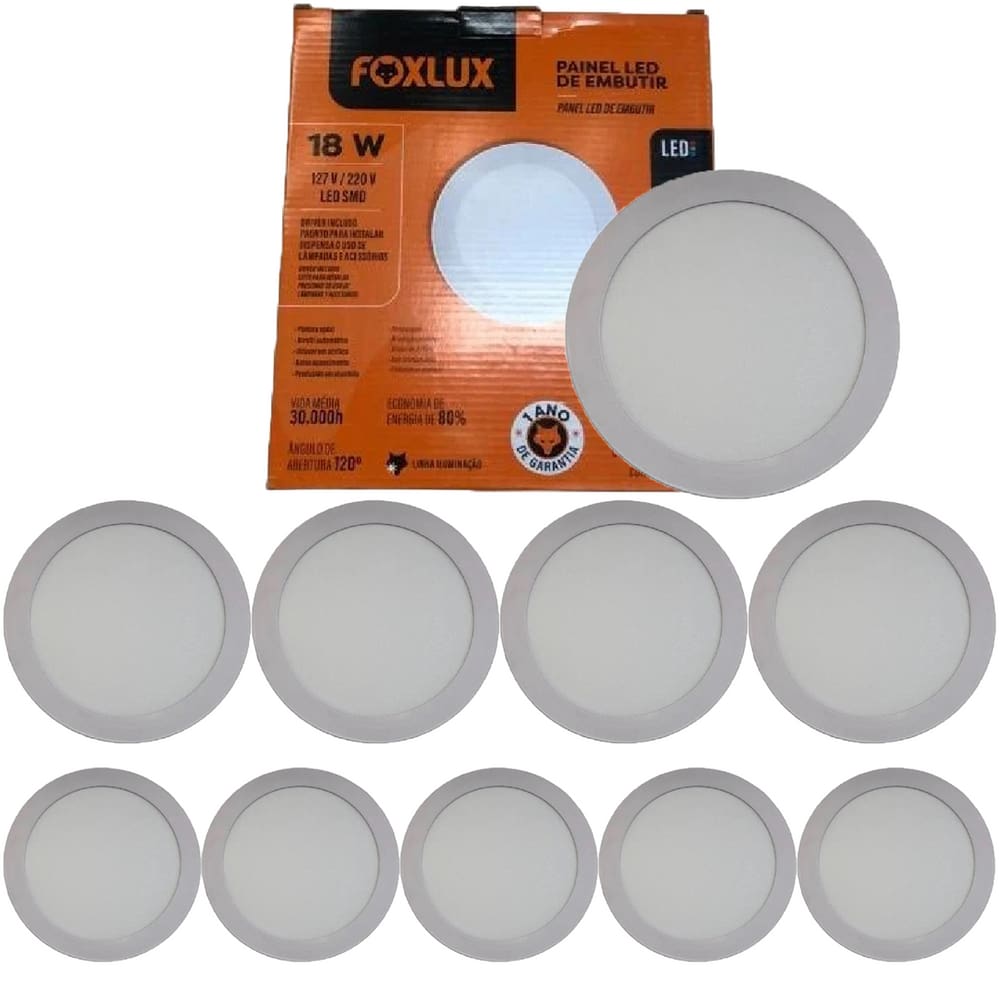 Kit 10 Painel Led Redondo Embutir 18W 4000K Bivolt Foxlux