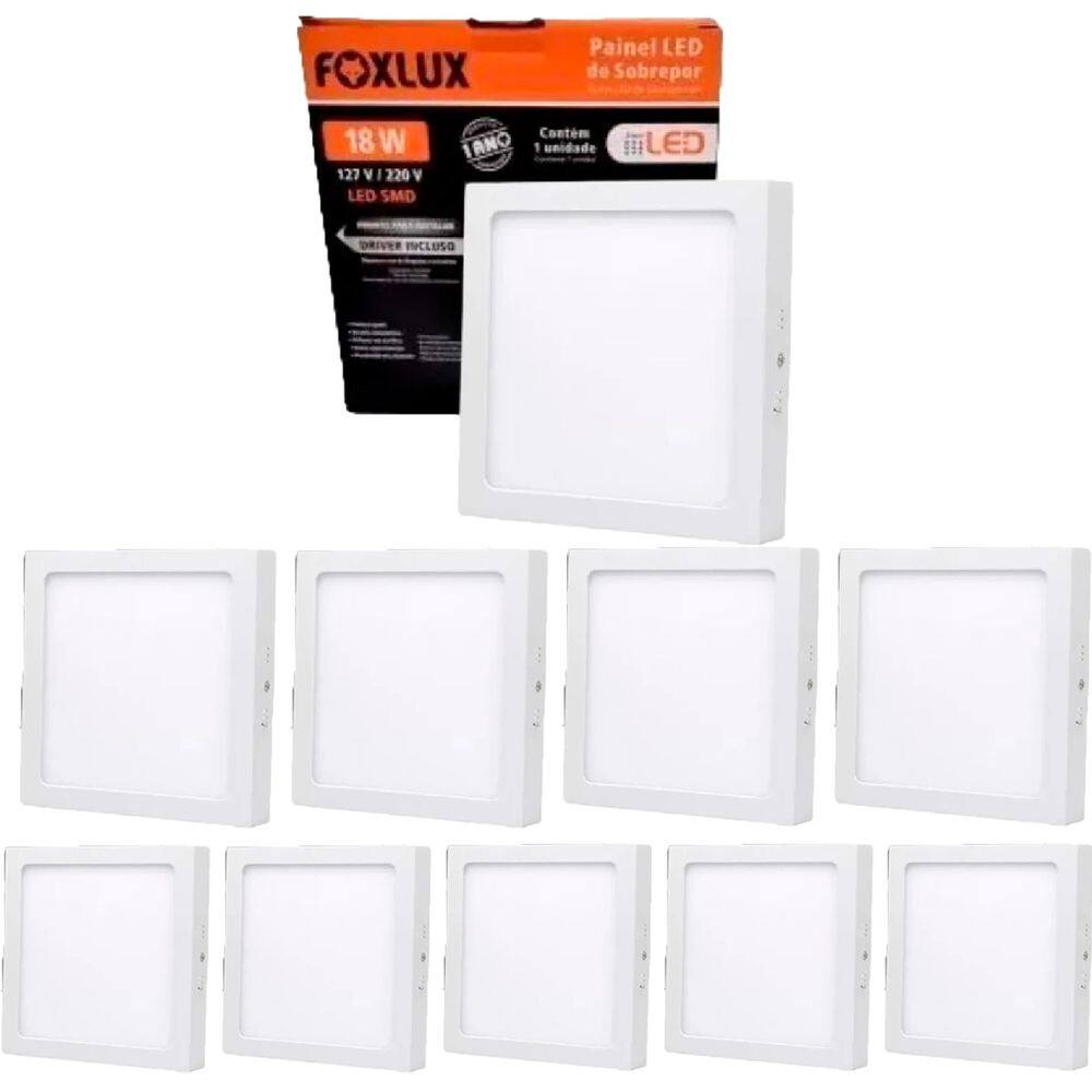 Kit 10 Painel Led Quadrado Sobrepor 18W 3000K Bivolt Foxlux