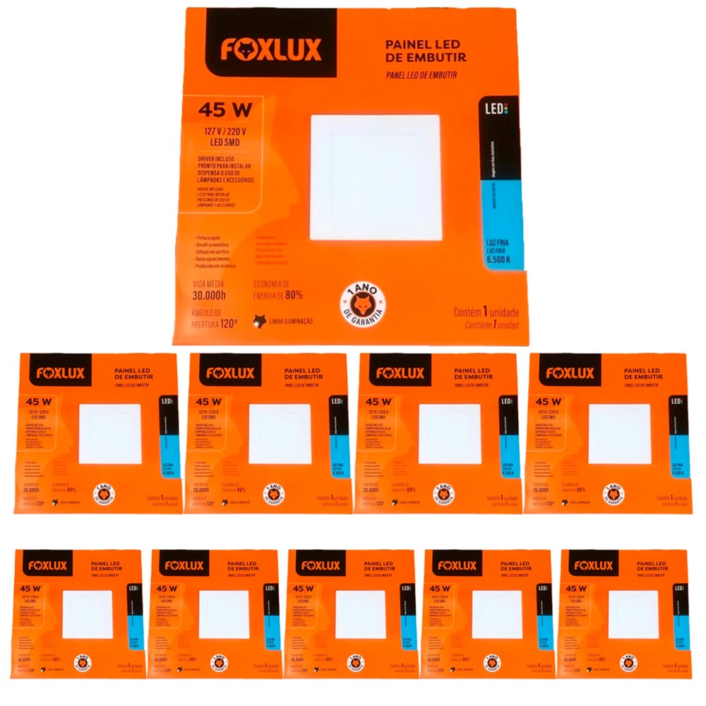Kit 10 Painel Led Quadrado Embutir 45W 4000K Bivolt Foxlux