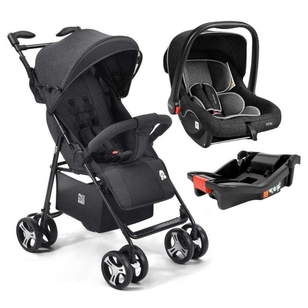 Carrinho De Bebê Flick Preto Com Bebê Conforto E Base