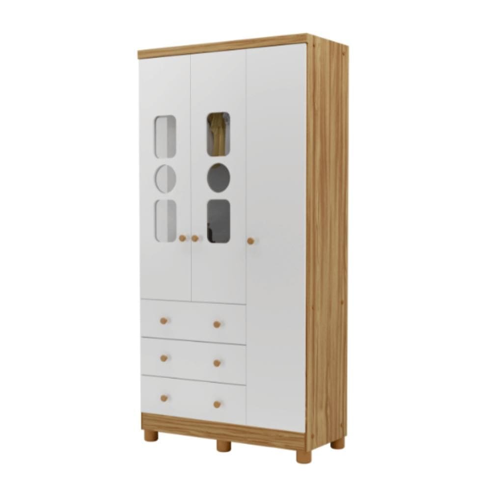 Guarda Roupa Peroba Tedy 3 Portas e 3 Gavetas Branco/Amêndoa