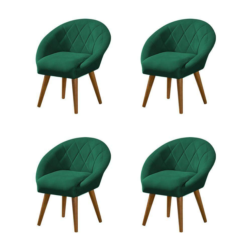 Kit 4 Poltronas Decorativa Canastra Estofada Veludo Verde Esmeralda Pés Palito Em Madeira Maciça