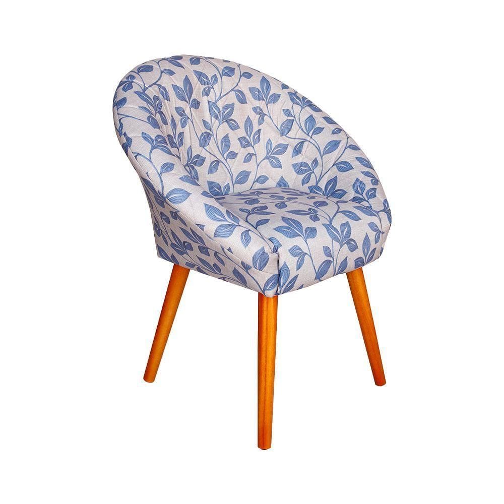 Poltrona Decorativa Canastra Estofada Veludo Floral Azul Pés Em Madeira Maciça
