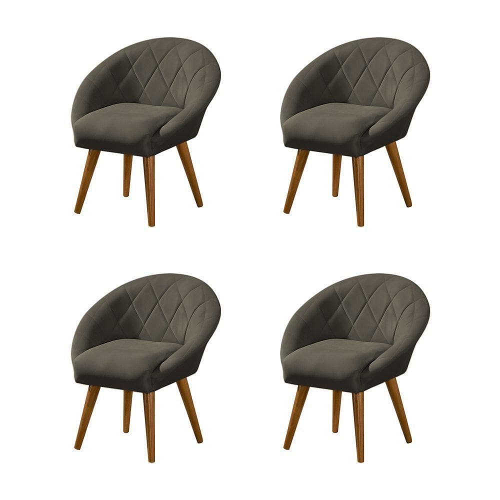 Kit 4 Poltronas Decorativa Canastra Estofada Linho Marrom Café Pés Palito Em Madeira Maciça