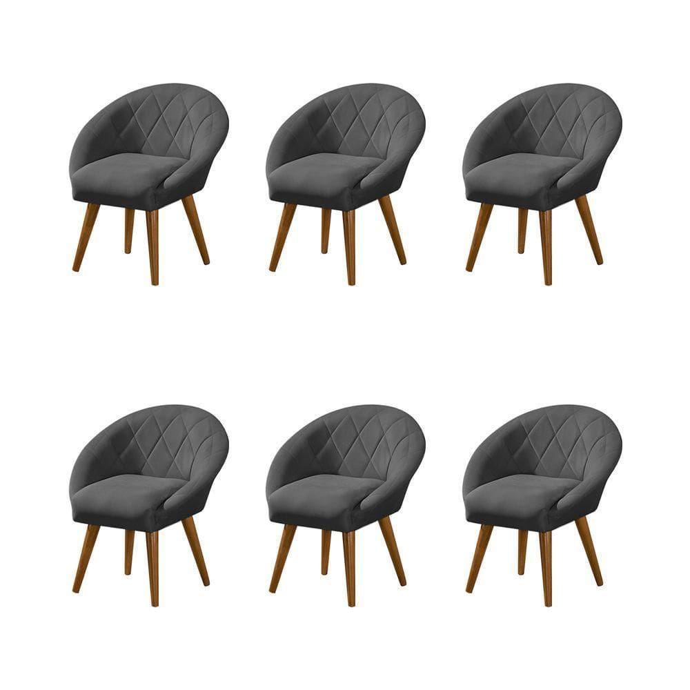 Kit 6 Poltronas Decorativa Canastra Estofada Linho Cinza Pés Palito Em Madeira Maciça