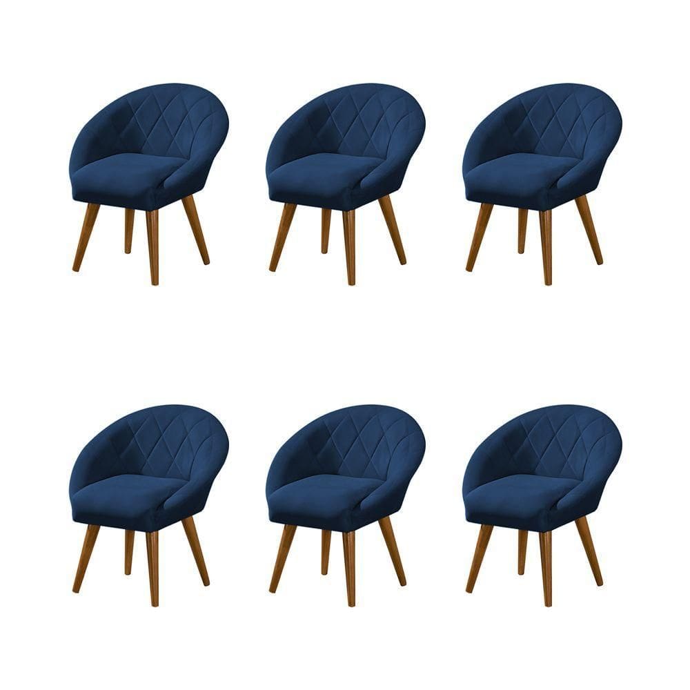 Kit 6 Poltronas Decorativa Canastra Estofada Veludo Azul Marinho Pés Palito Em Madeira Maciça