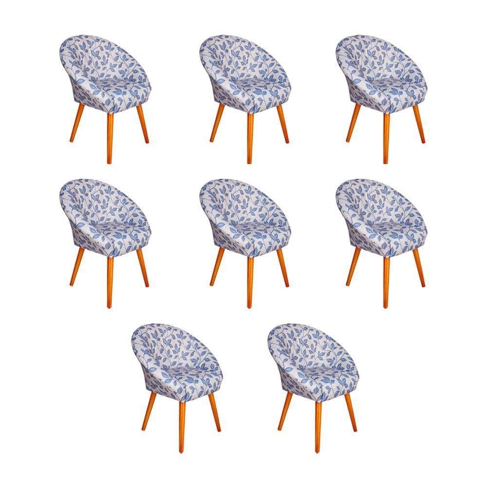 Kit 8 Poltronas Decorativa Canastra Estofada Veludo Floral Azul Pés Em Madeira Maciça