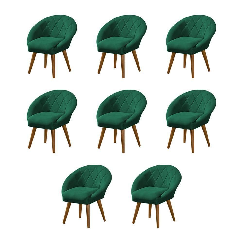 Kit 8 Poltronas Decorativa Canastra Estofada Veludo Verde Esmeralda Pés Palito Em Madeira Maciça