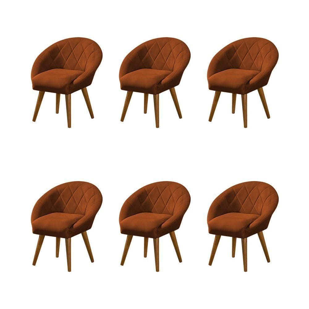 Kit 6 Poltronas Decorativa Canastra Estofada Veludo Laranja Terracota Pés Palito Em Madeira Maciça