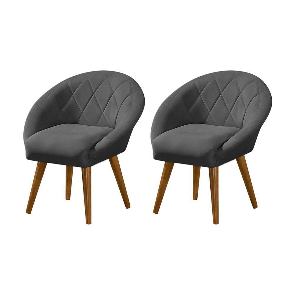 Kit 2 Poltronas Decorativa Canastra Estofada Linho Cinza Pés Palito Em Madeira Maciça