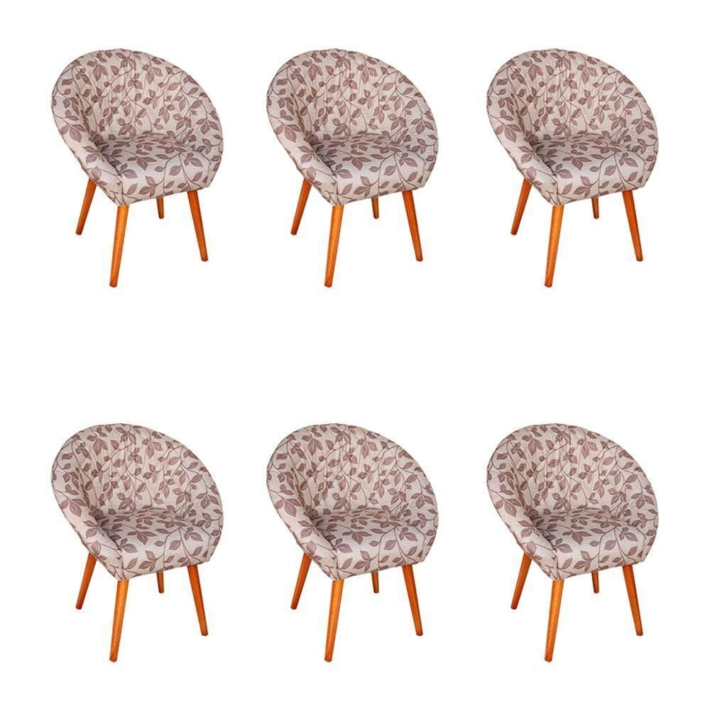 Kit 6 Poltronas Decorativa Canastra Estofada Veludo Floral Marrom Pés Palito Em Madeira Maciça