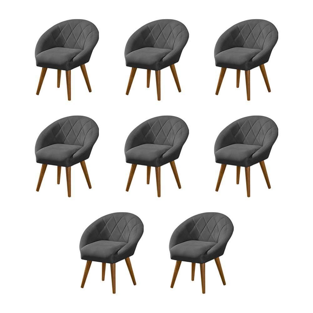 Kit 8 Poltronas Decorativa Canastra Estofada Linho Cinza Pés Palito Em Madeira Maciça