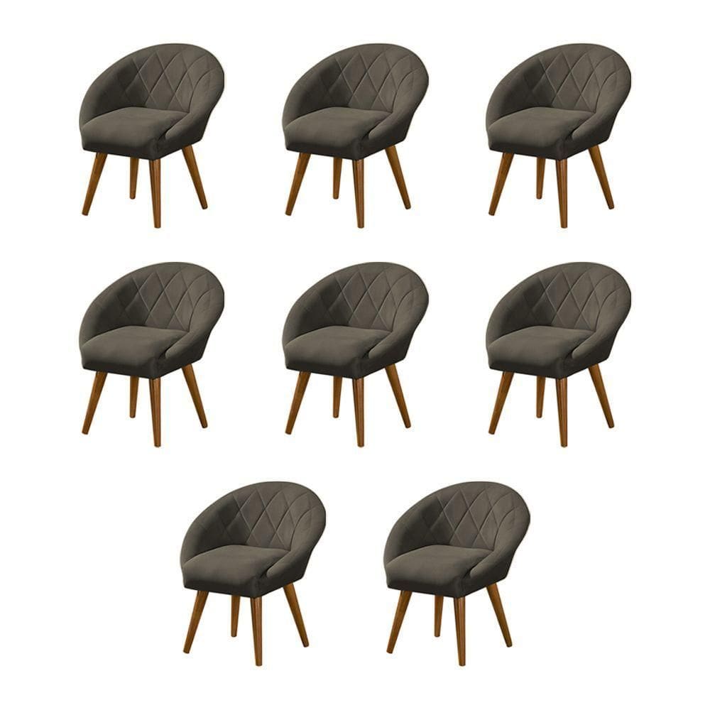 Kit 8 Poltronas Decorativa Canastra Estofada Linho Marrom Café Pés Palito Em Madeira Maciça