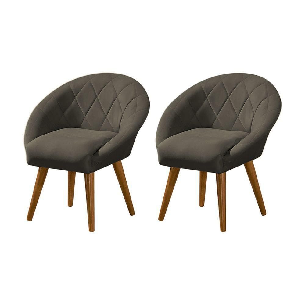 Kit 2 Poltronas Decorativa Canastra Estofada Linho Marrom Café Pés Palito Em Madeira Maciça