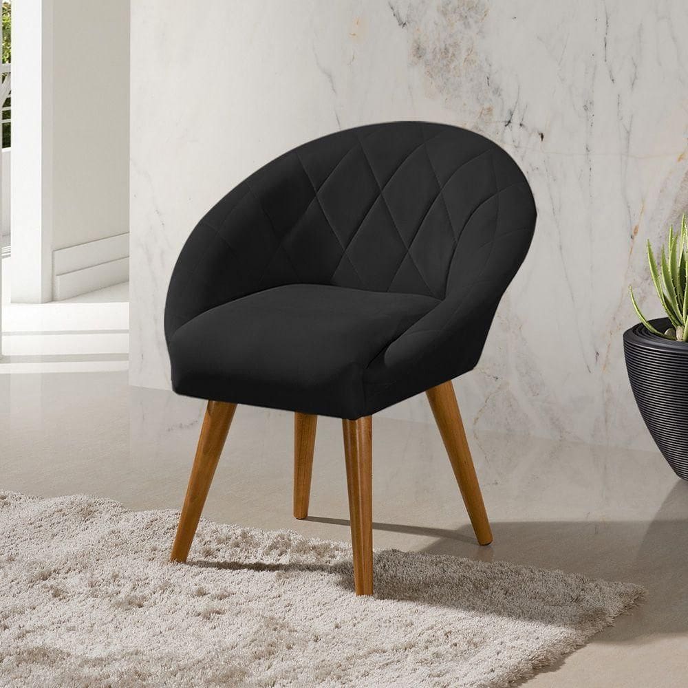 Poltrona Decorativa Canastra Estofada Linho Preto Pés Palito Em Madeira Maciça