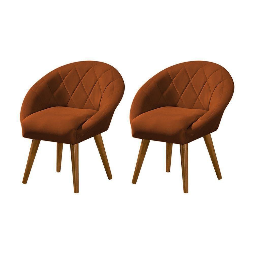 Kit 2 Poltronas Decorativa Canastra Estofada Veludo Laranja Terracota Pés Palito Em Madeira Maciça