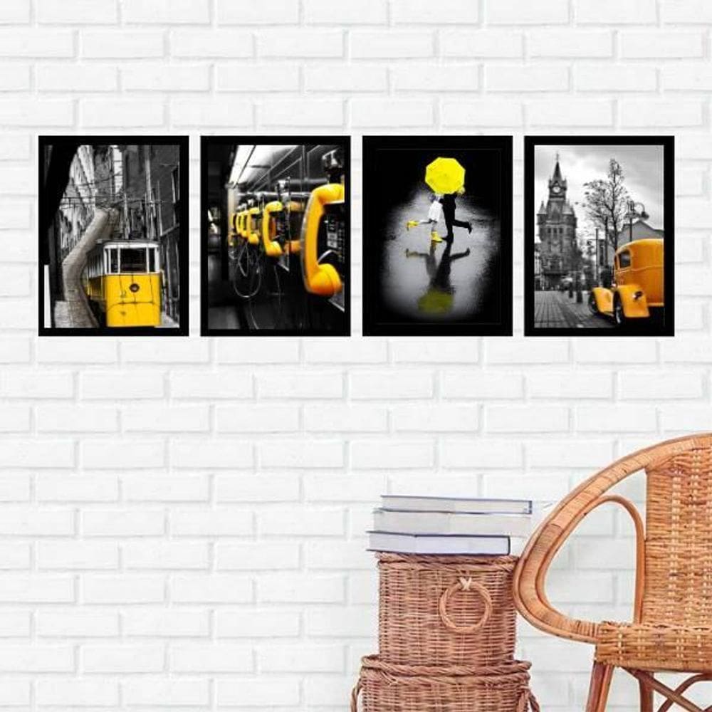 Kit 4 Quadros Fotografias Amarelas 45X34Cm Com Vidro Preta