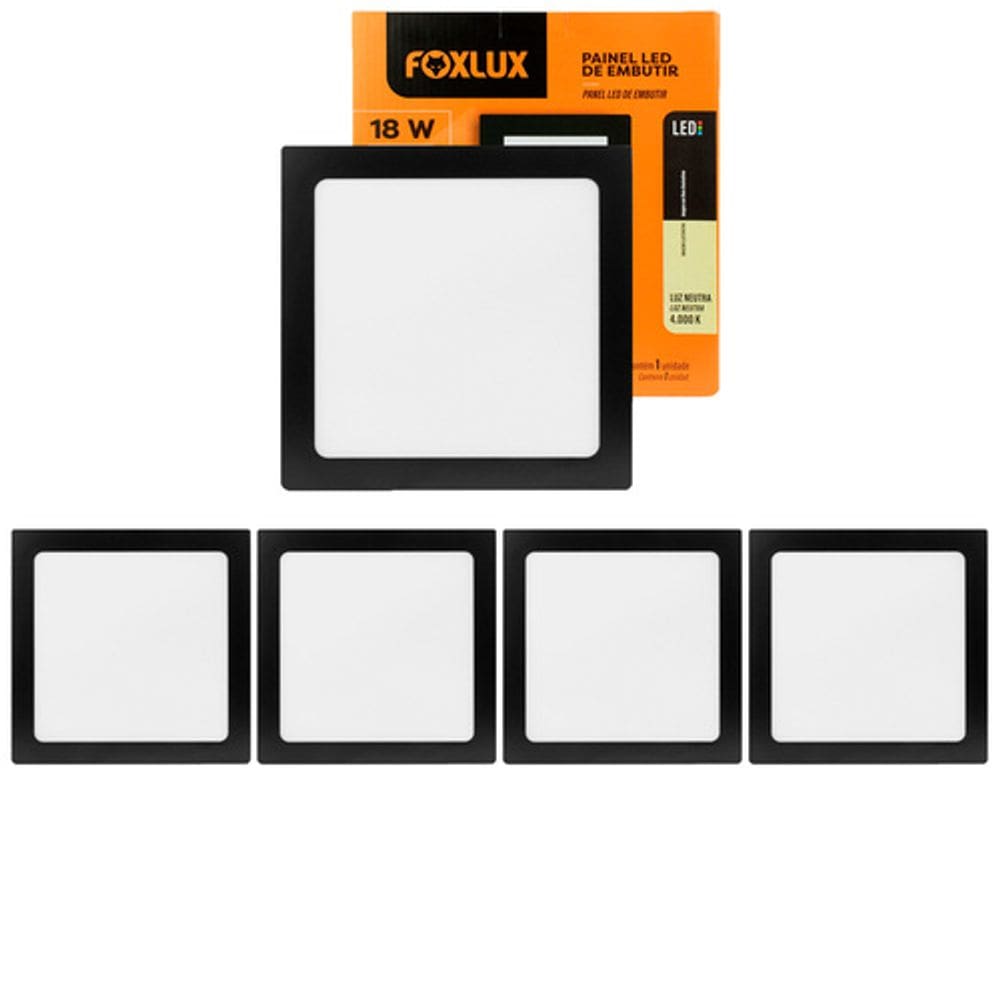 Kit 5 Painel de LED 18 W 4000k Quadrado Embutir Preto Foxlux