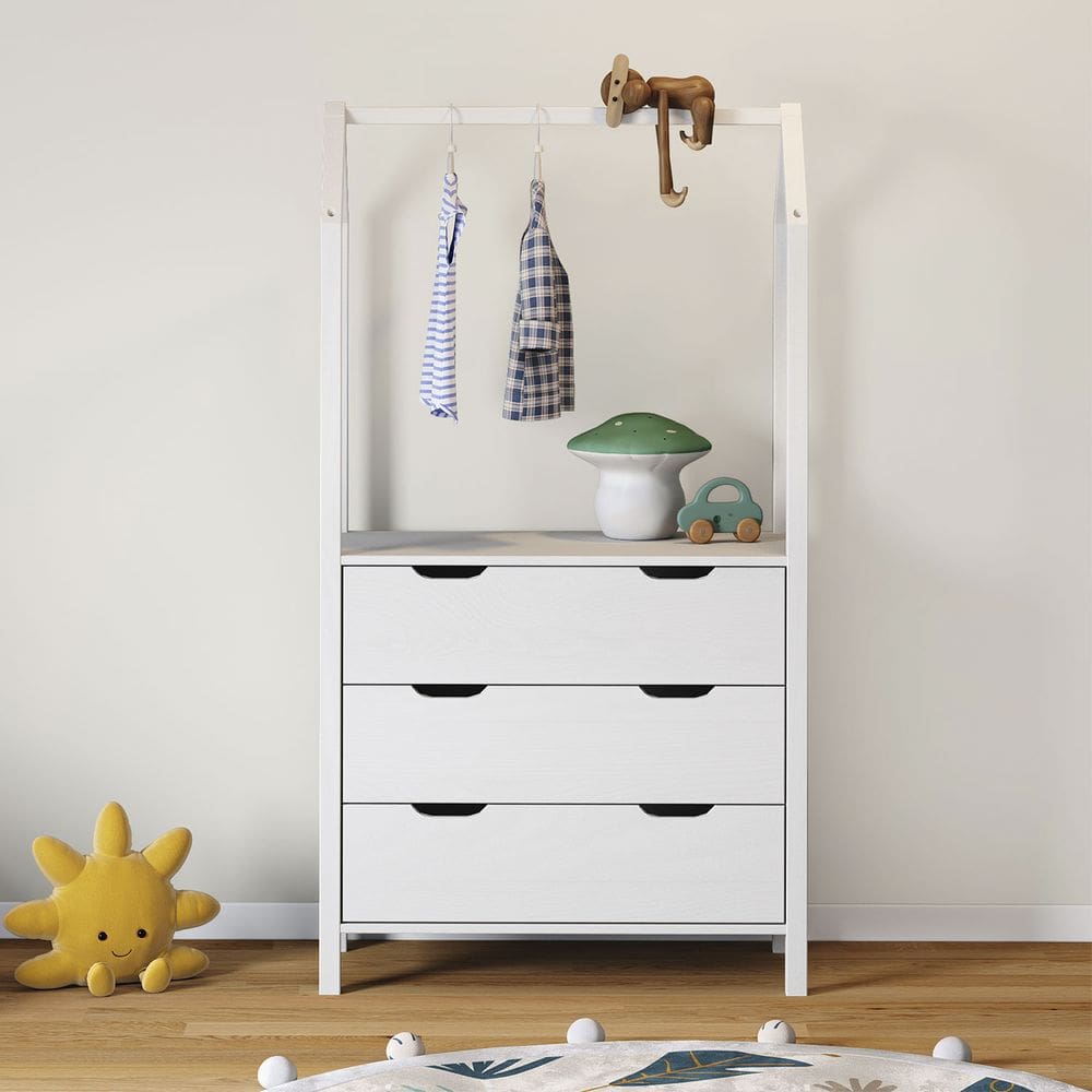 Cômoda Infantil Branco Montessori Madeira com Arara 3 Gavetas Amira