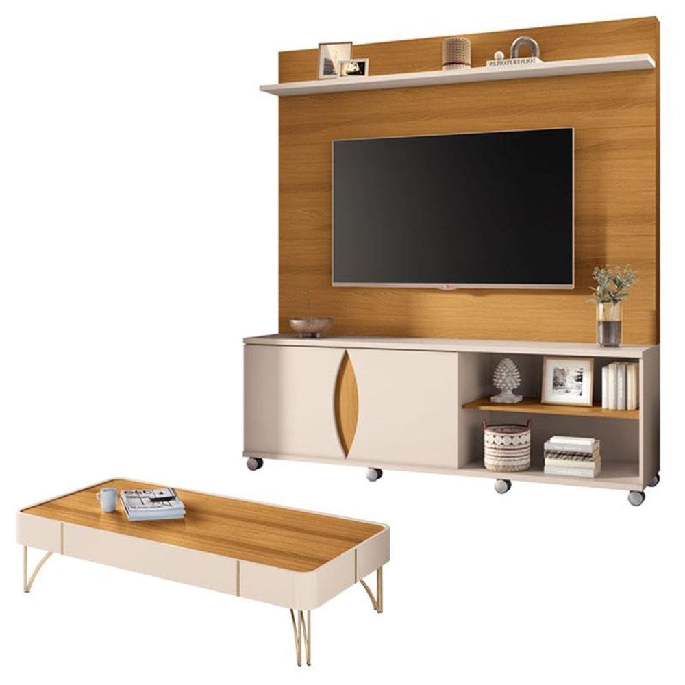 Estante Home Theater Luxor e Mesa Cadenza Cinamomo Off White - HB Móveis