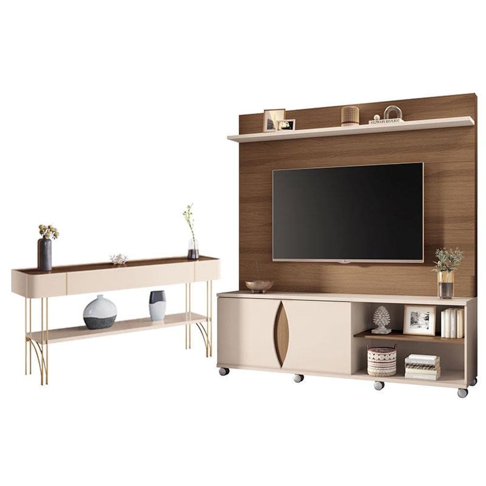 Estante Home Theater Luxor e Aparador Vivant Castanho Off White - HB Móveis