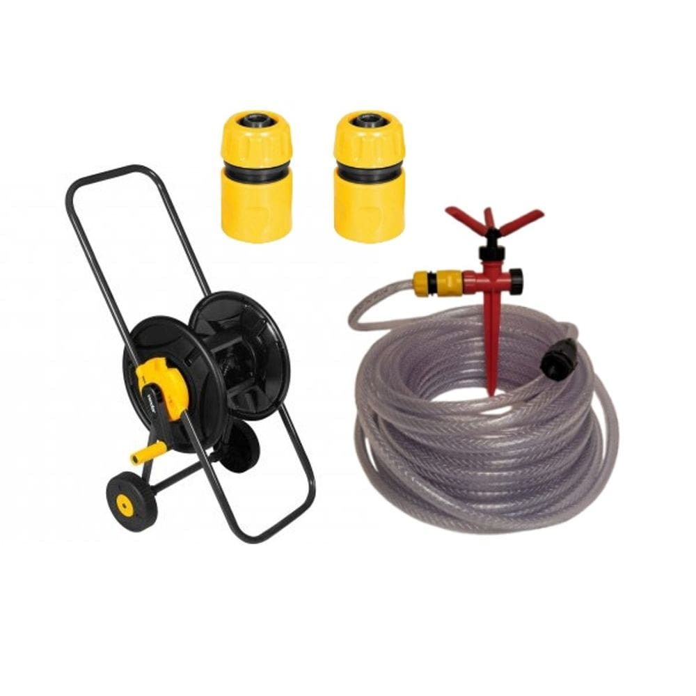 Suporte Enrolador c/Rodas + Mangueira 20m Vonder + Irrigador