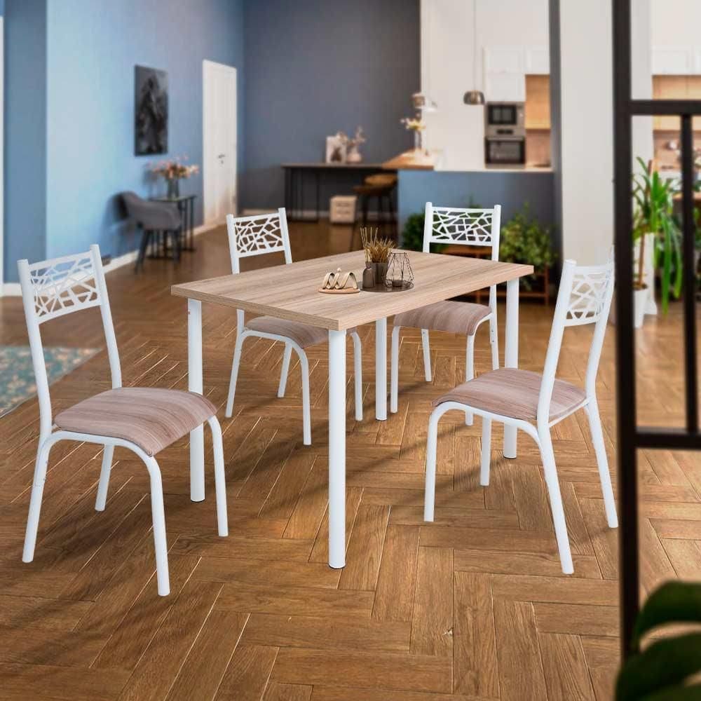 Mesa Tubular Com 4 Cadeiras Em Aço Branco Carvalho Com Estofado Capuccino Noval JM Móveis
