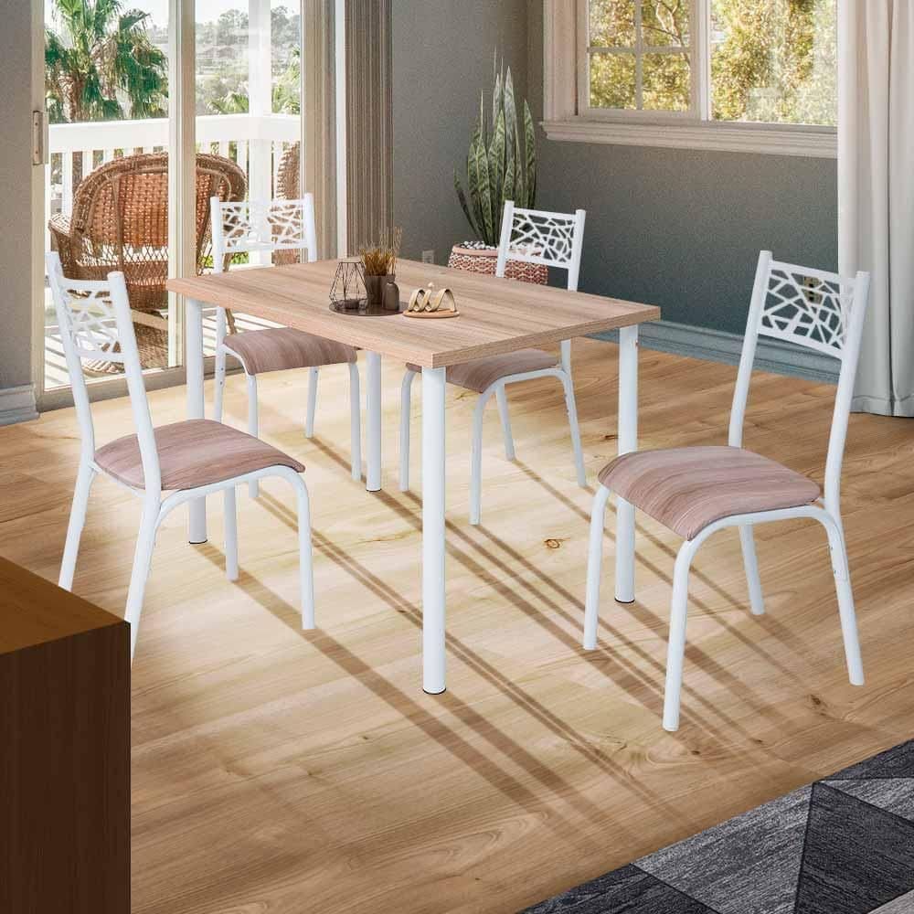 Mesa De Jantar Com 4 Cadeiras Em Aço Branco Carvalho Com Estofado Capuccino Polob JM Móveis