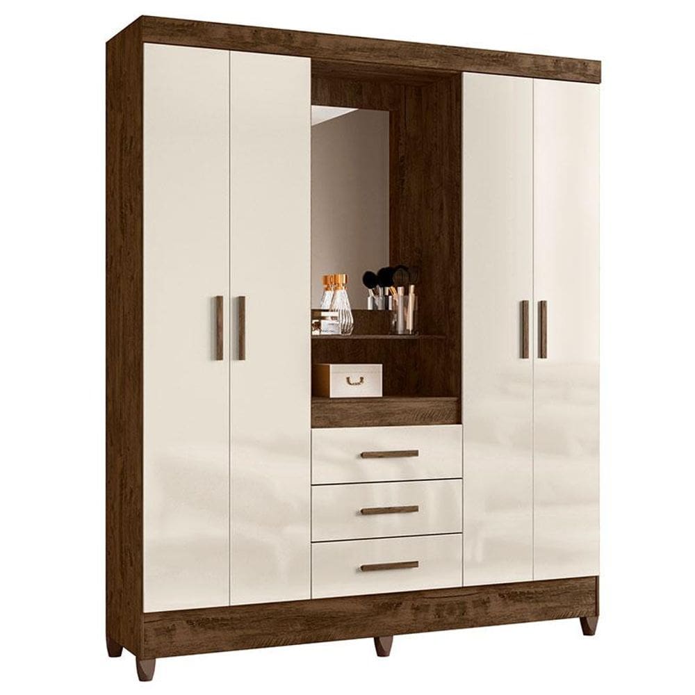 Guarda Roupa Casal Capelinha Capri 4 Portas Castanho Wood Off White com Espelho - Moval