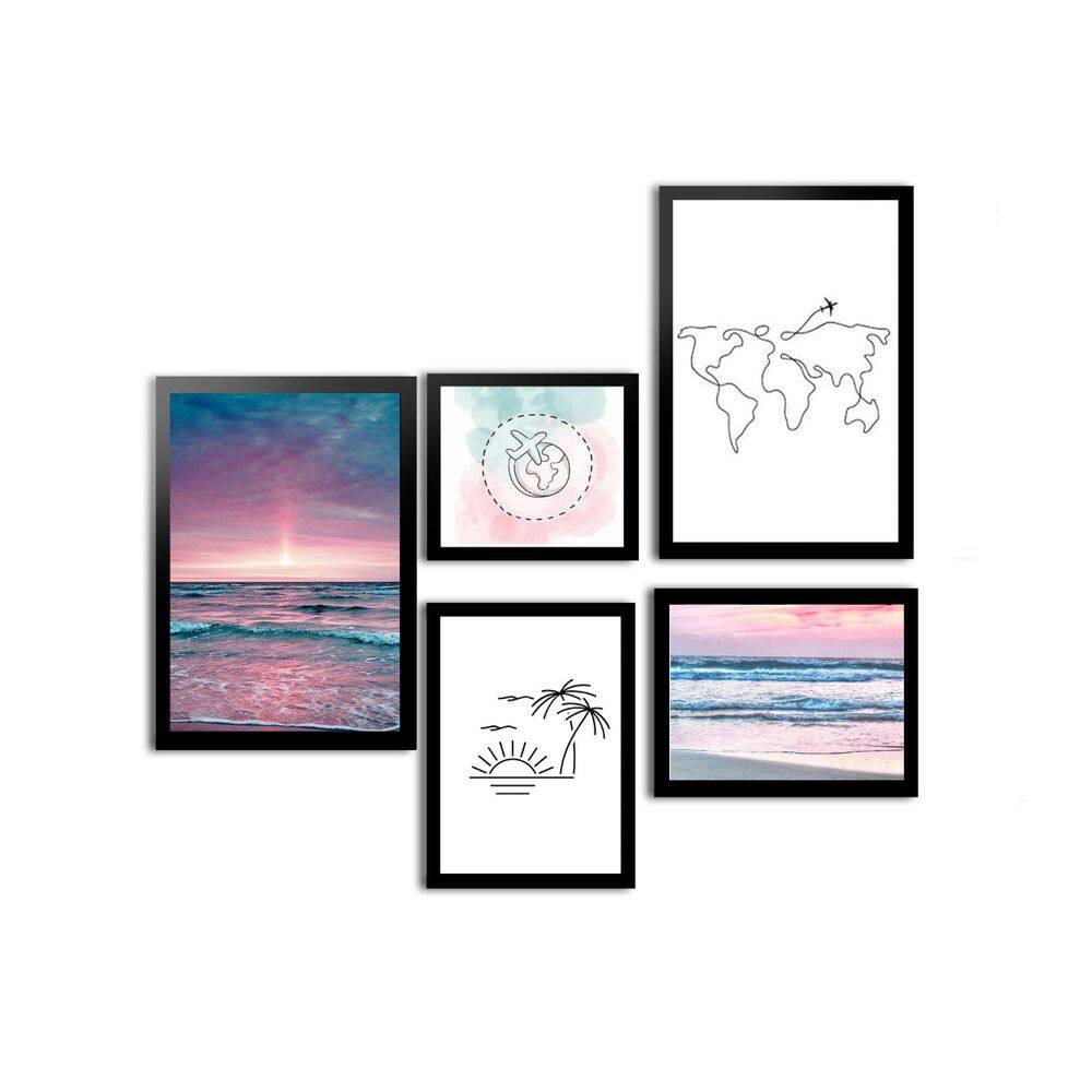 Conjunto De 5 Quadros Decorativos Com Moldura Viagem