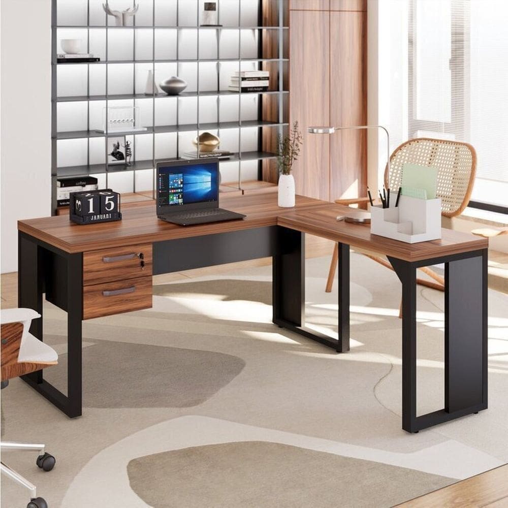Mesa para Escritório Diretor em L com Gaveteiro Suspenso Espresso Móveis Marrom/Preto