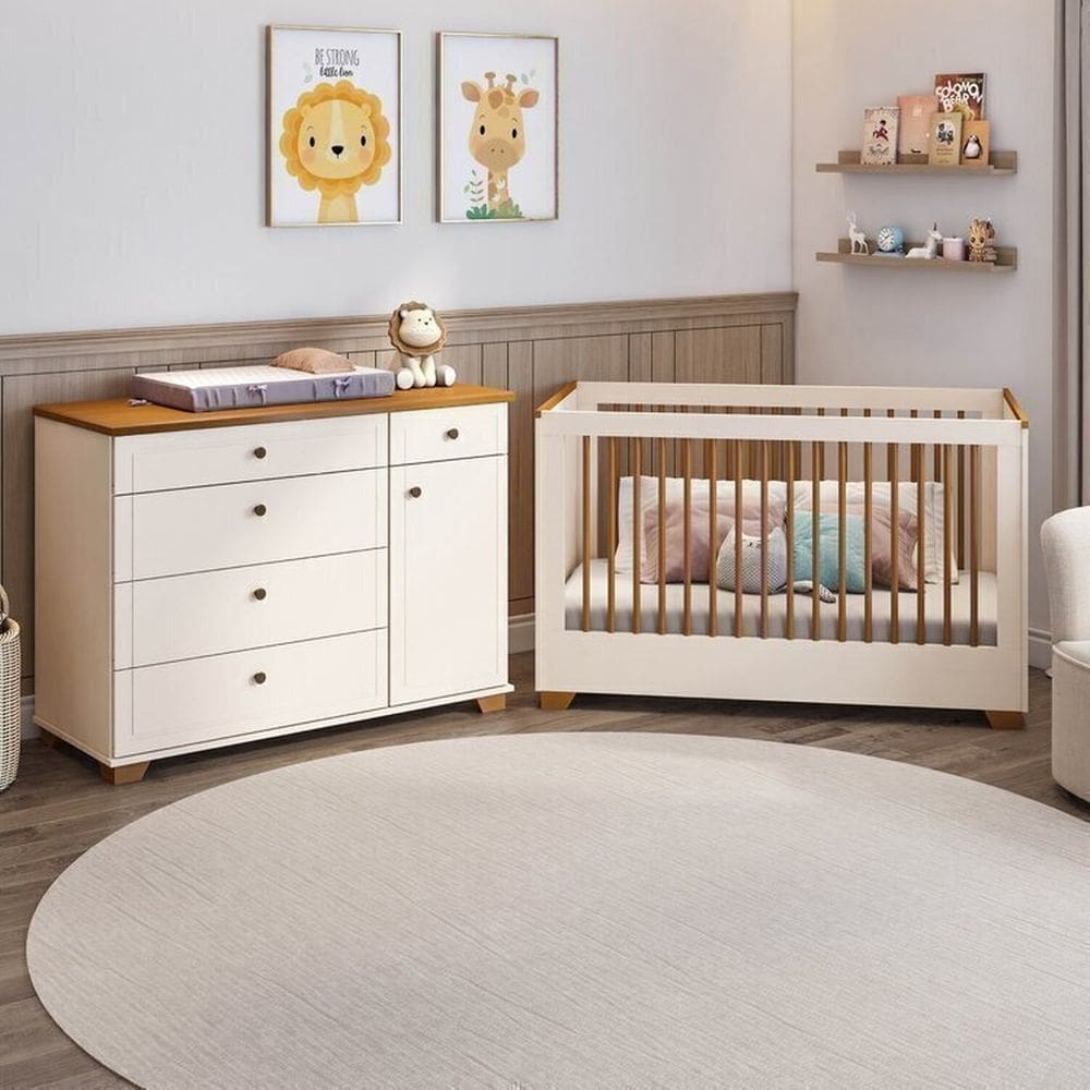 Conjunto Dormitório 1 Berço 1 Cômoda Baby Ananda casatema OffWhite/Mel