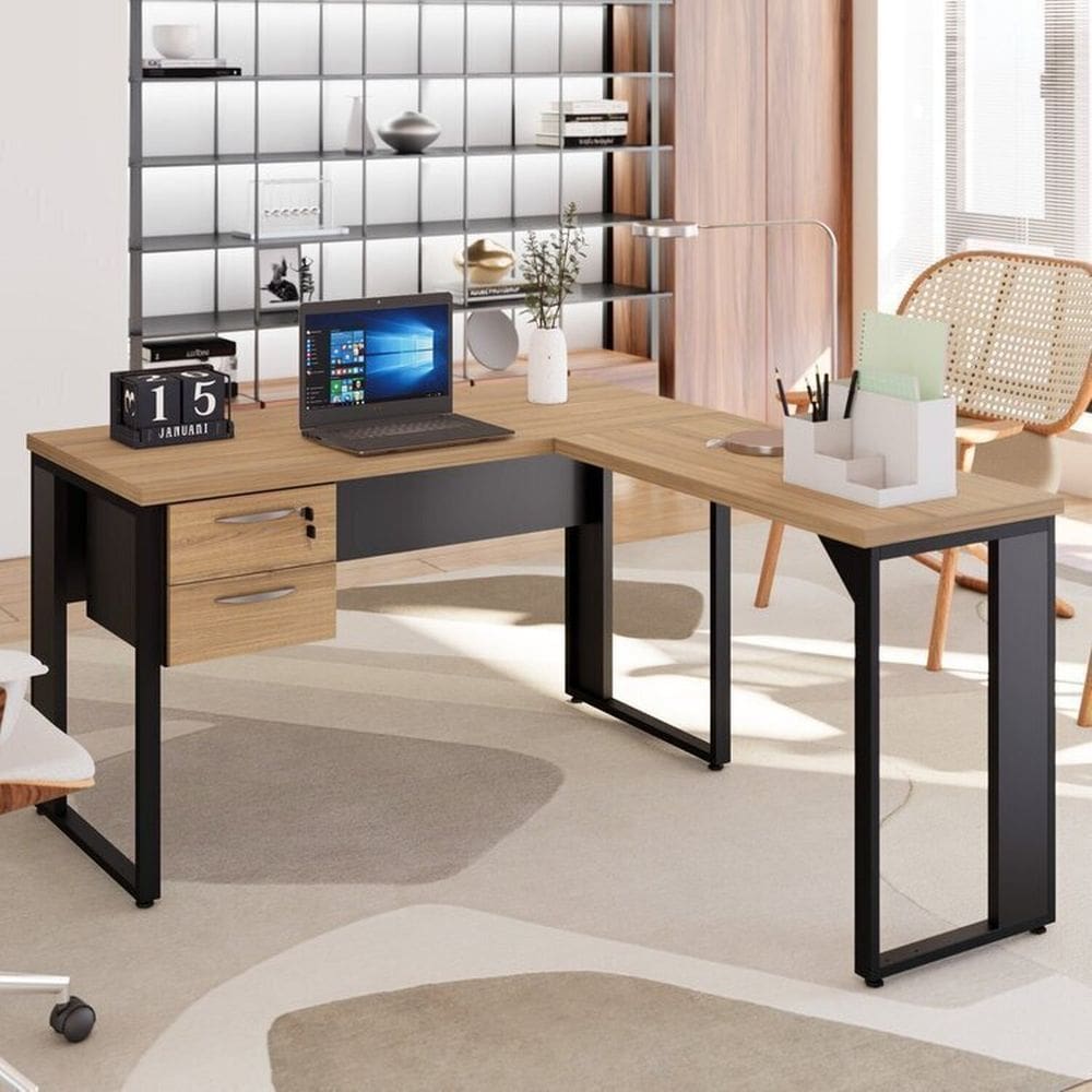 Mesa para Escritório Diretor em L com Gaveteiro Suspenso Marrom/Preto