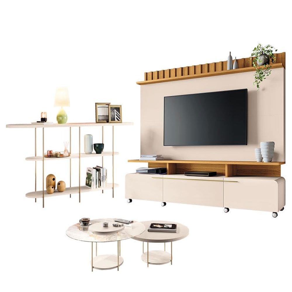 Estante Home Theater Artís Off White Cinamomo e Aparador Infinity e Kit Mesa de centro Sky Off White – HB Móveis