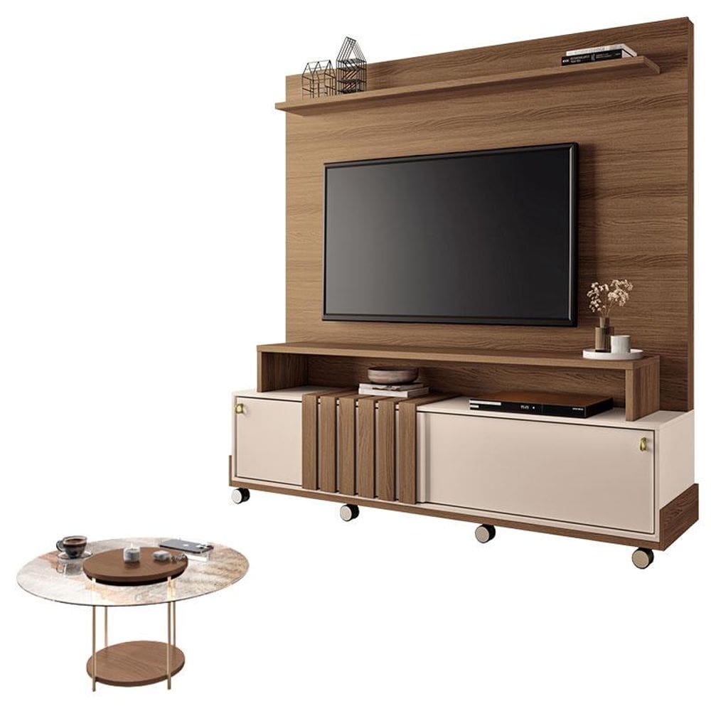 Estante Home Theater Bold Off White Castanho e Mesa de Centro sky com Tampo de Vidro Castanho– HB Móveis