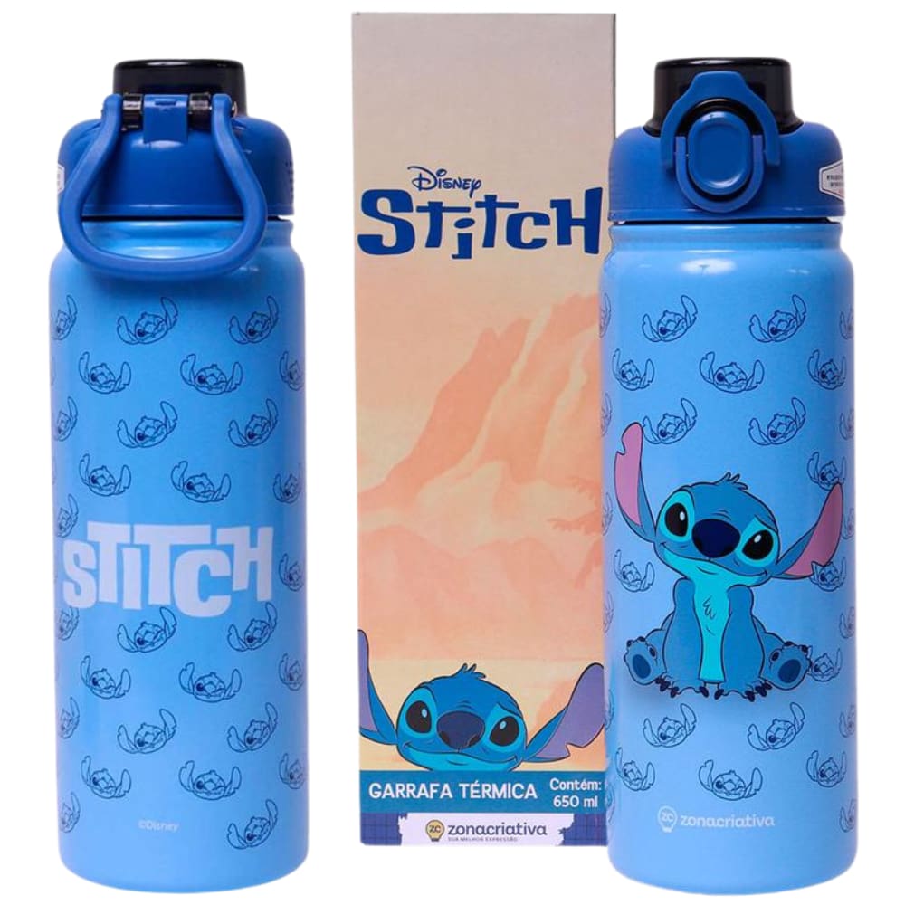 Garrafa Stitch Térmica 12 Horas Quente Gelada Grande 650ml Com Alça Trava Segurança Oficial Disney