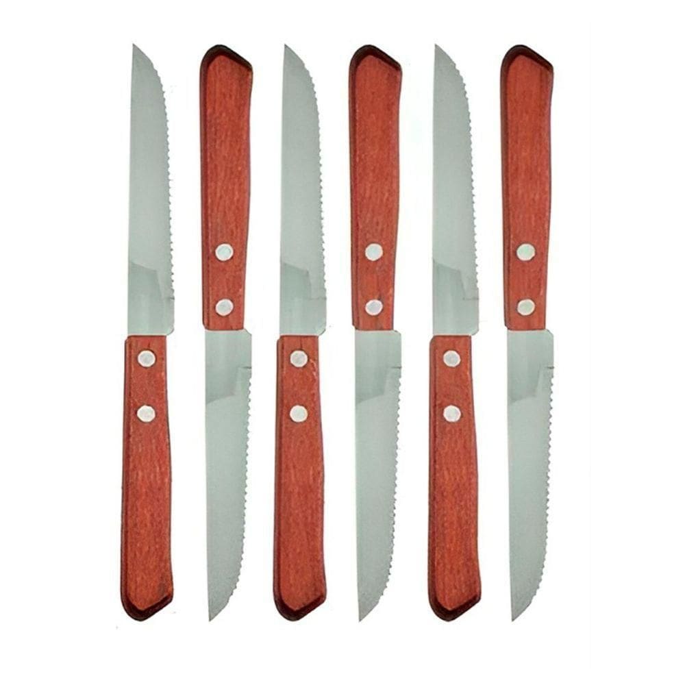 Conjunto 6pçs Facas Cabo Madeira Aço Inoxidável Churrasco