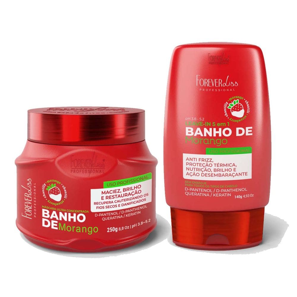 Kit Mascara Banho de Verniz Morango e Leave-in Forever Liss