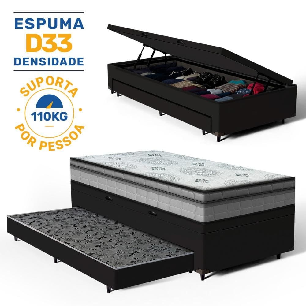 Cama Box Baú com Colchão Espuma D33 Pillow In Anjos Ortosleep + Auxiliar Unique Solteiro 88cm