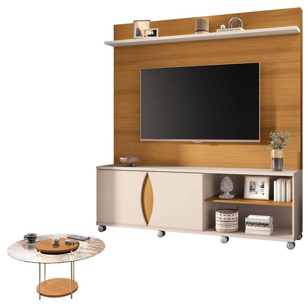 Estante Home Theater Luxor Cinamomo Off White e Mesa de Centro sky com Tampo de Vidro Cinamomo- HB Móveis